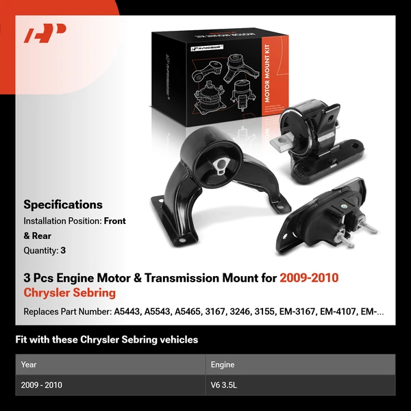 3 Pcs Engine Motor & Transmission Mount for 2009-2010 Chrysler Sebring