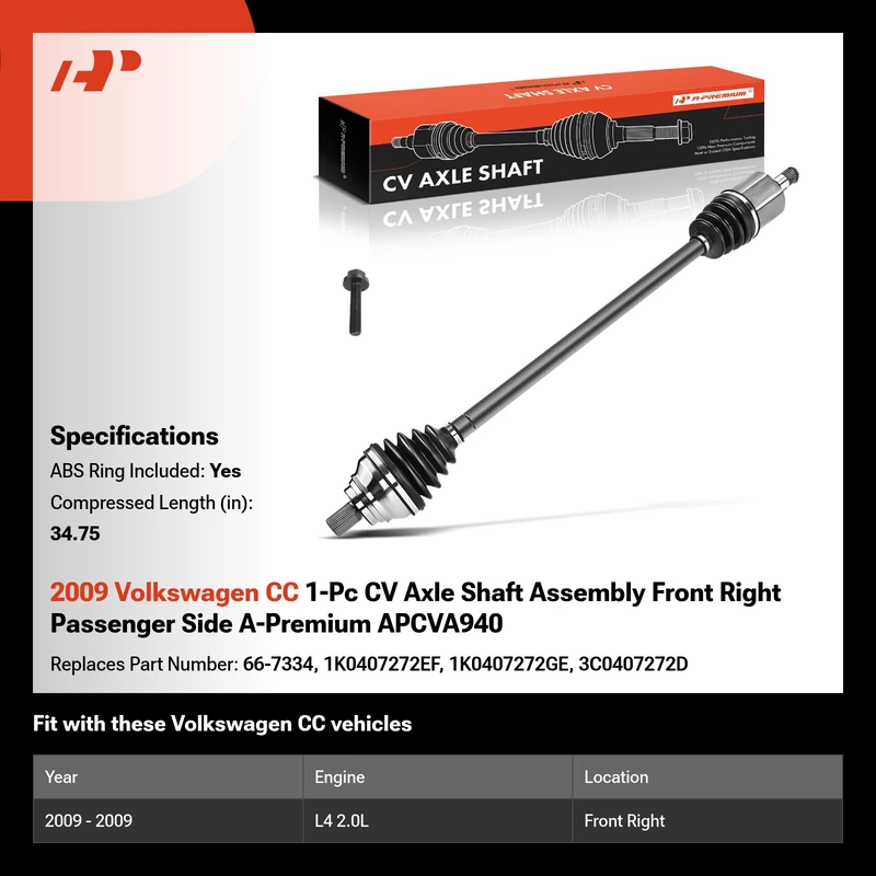2009 Volkswagen CC 1-Pc CV Axle Shaft Assembly Front Right Passenger Side A-Premium APCVA940