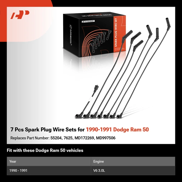 7 Pcs Spark Plug Wire Sets for 1990-1991 Dodge Ram 50