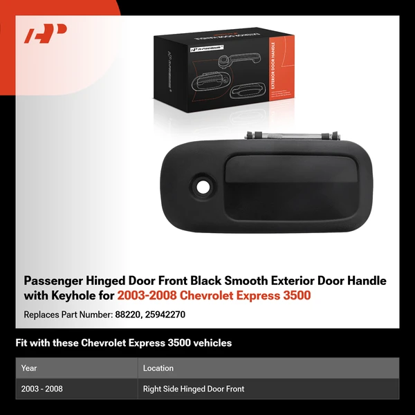 Passenger Hinged Door Front Black Smooth Exterior Door Handle with Keyhole for 2003-2008 Chevrolet Express 3500