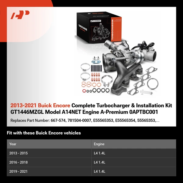 2013-2021 Buick Encore Complete Turbocharger & Installation Kit GT1446MZGL Model A14NET Engine A-Premium 0APTBC001