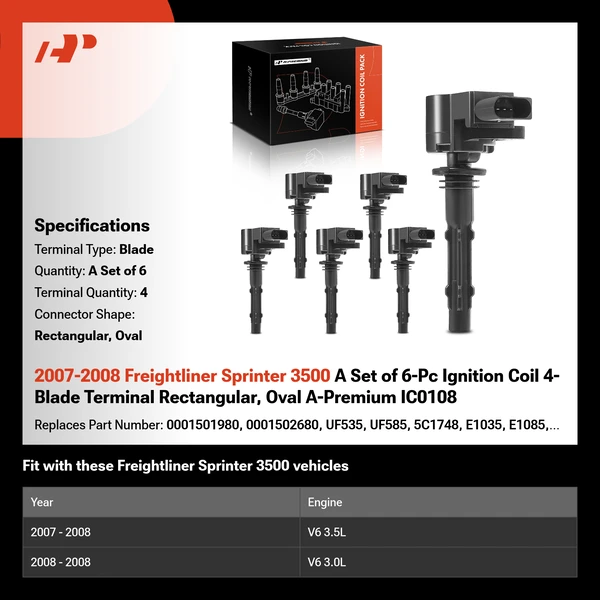 2007-2008 Freightliner Sprinter 3500 A Set of 6-Pc Ignition Coil 4-Blade Terminal Rectangular, Oval A-Premium IC0108