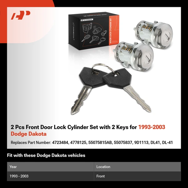 2 Pcs Front Door Lock Cylinder Set with 2 Keys for 1993-2003 Dodge Dakota