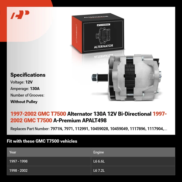 1997-2002 GMC T7500 Alternator 130A 12V Bi-Directional 1997-2002 GMC T7500 A-Premium APALT498