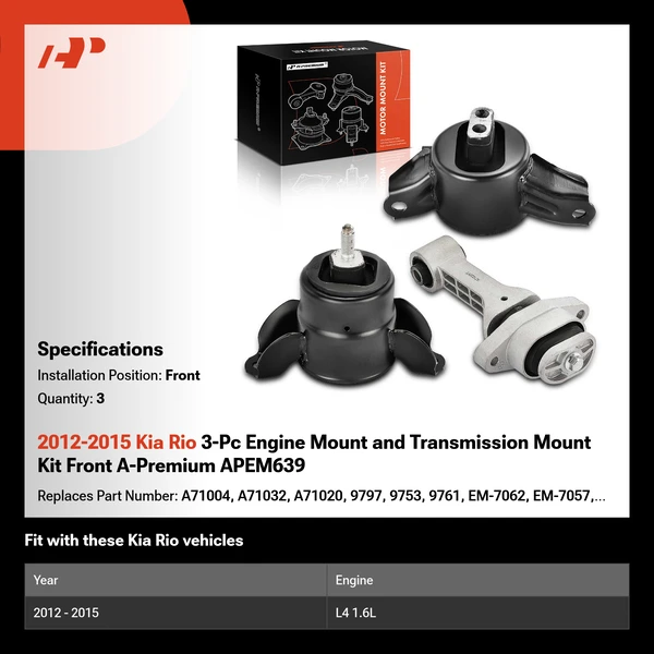 2012-2015 Kia Rio 3-Pc Engine Mount and Transmission Mount Kit Front A-Premium APEM639