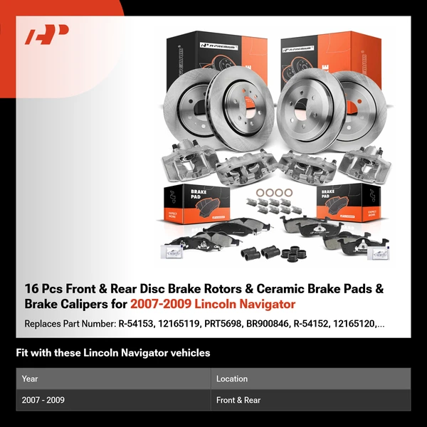 16 Pcs Front & Rear Disc Brake Rotors & Ceramic Brake Pads & Brake Calipers for 2007-2009 Lincoln Navigator