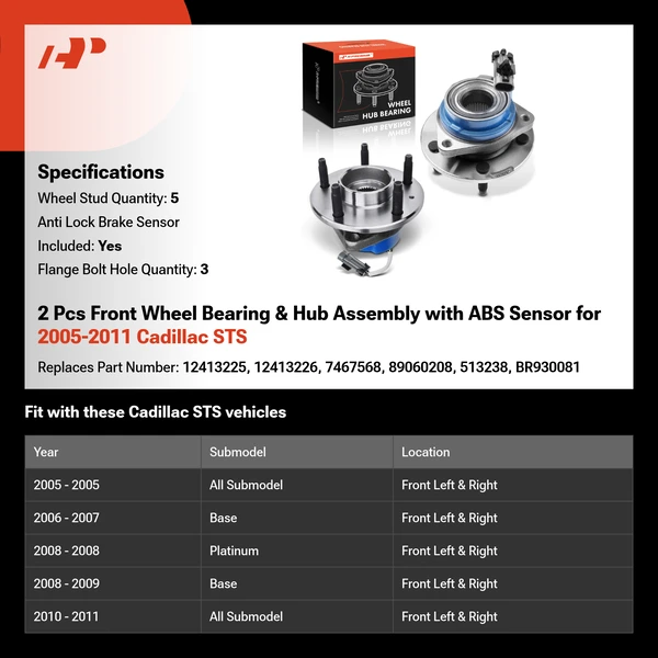 2 Pcs Front Wheel Bearing & Hub Assembly with ABS Sensor for 2005-2011 Cadillac STS