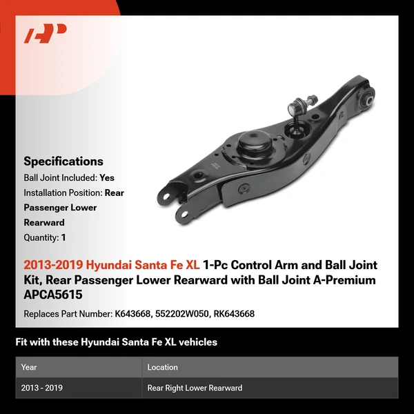 2013-2019 Hyundai Santa Fe XL 1-Pc Control Arm and Ball Joint Kit, Rear Passenger Lower Rearward with Ball Joint A-Premium APCA5615