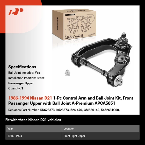1986-1994 Nissan D21 1-Pc Control Arm and Ball Joint Kit, Front Passenger Upper with Ball Joint A-Premium APCA5651