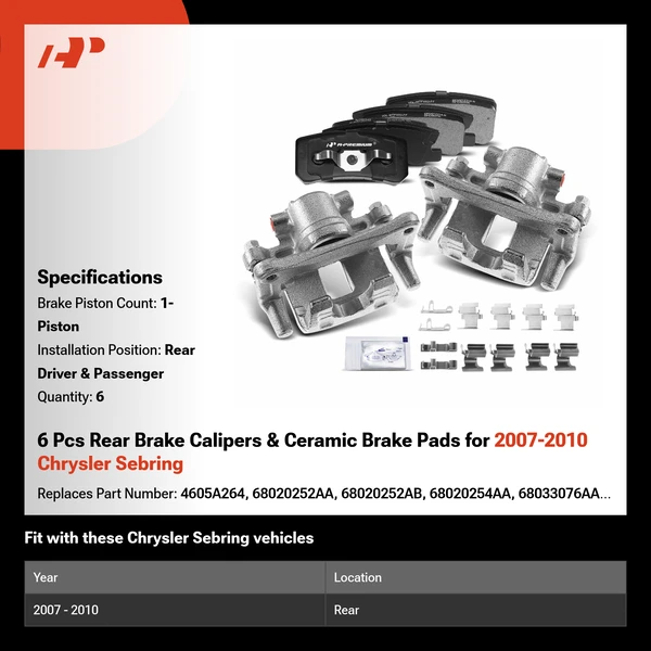 6 Pcs Rear Brake Calipers & Ceramic Brake Pads for 2007-2010 Chrysler Sebring