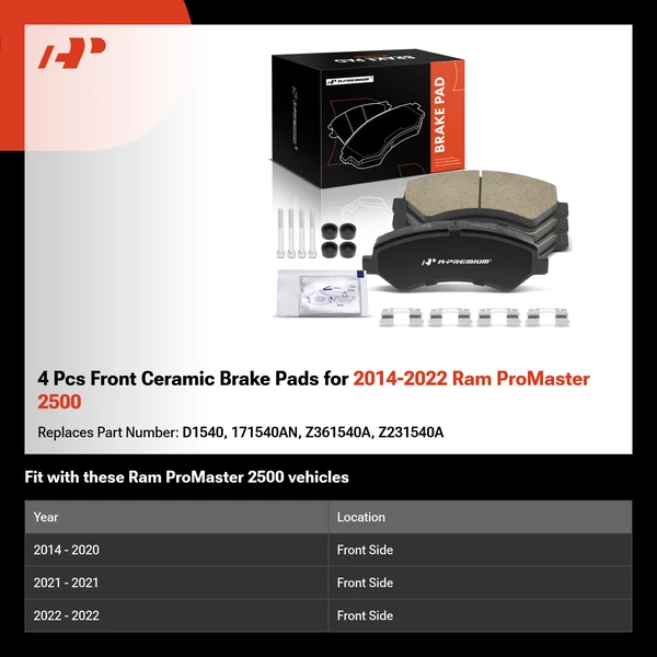 4 Pcs Front Ceramic Brake Pads for 2014-2022 Ram ProMaster 2500