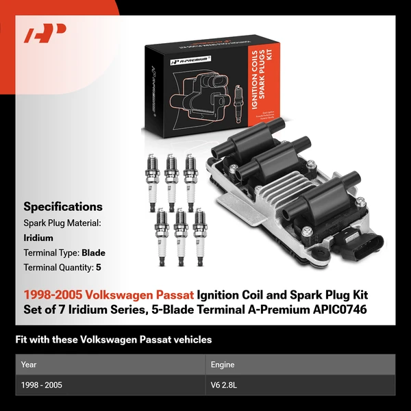 1998-2005 Volkswagen Passat Ignition Coil and Spark Plug Kit Set of 7 Iridium Series, 5-Blade Terminal A-Premium APIC0746