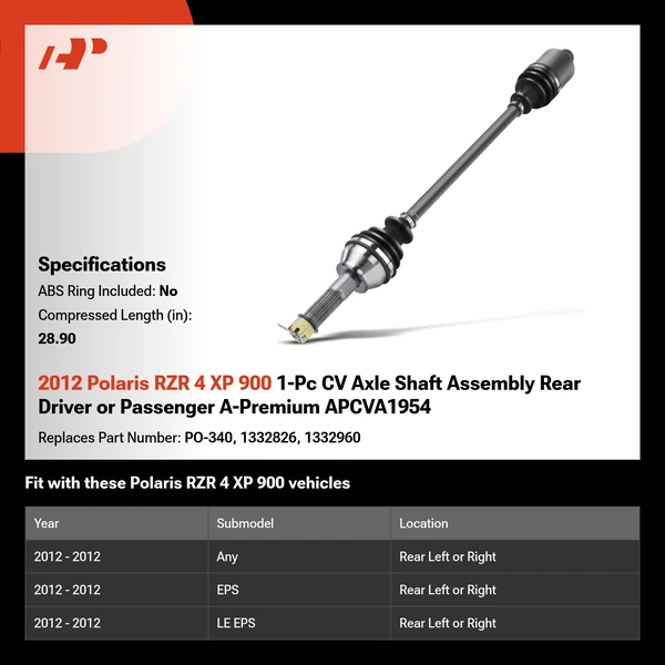 2012 Polaris RZR 4 XP 900 1-Pc CV Axle Shaft Assembly Rear Driver or Passenger A-Premium APCVA1954