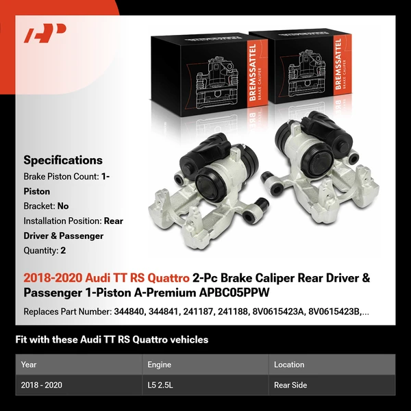 2018-2020 Audi TT RS Quattro 2-Pc Brake Caliper Rear Driver & Passenger 1-Piston A-Premium APBC05PPW