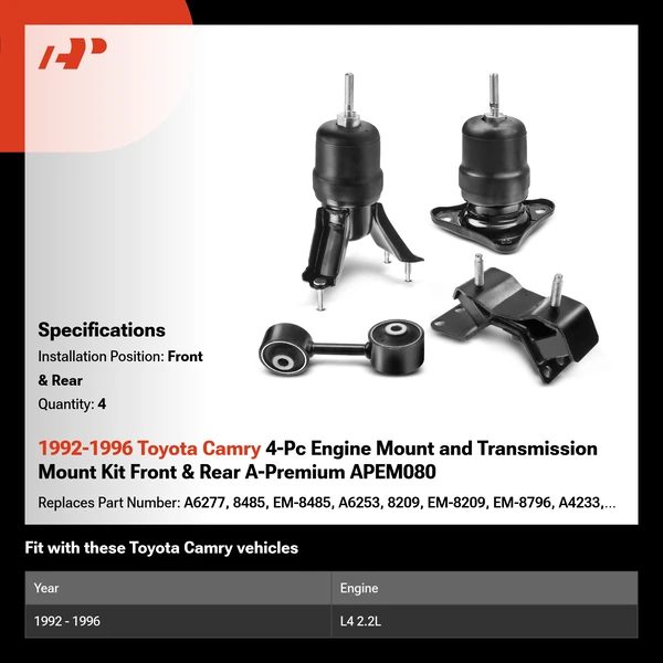 1992-1996 Toyota Camry 4-Pc Engine Mount and Transmission Mount Kit Front & Rear A-Premium APEM080