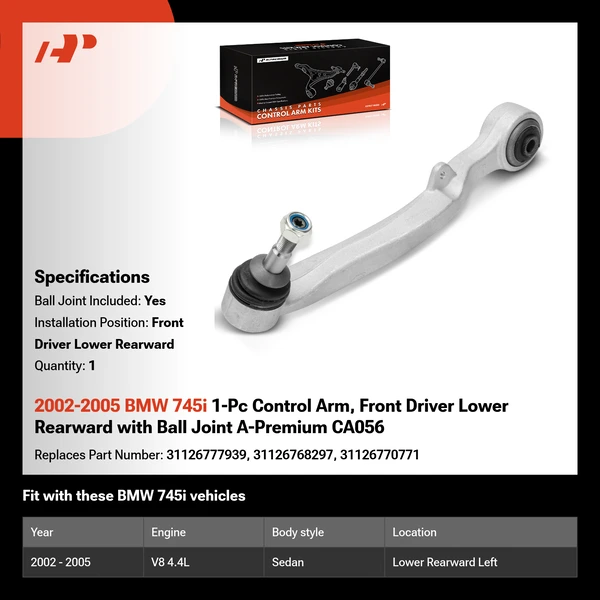 2002-2005 BMW 745i 1-Pc Control Arm, Front Driver Lower Rearward with Ball Joint A-Premium CA056