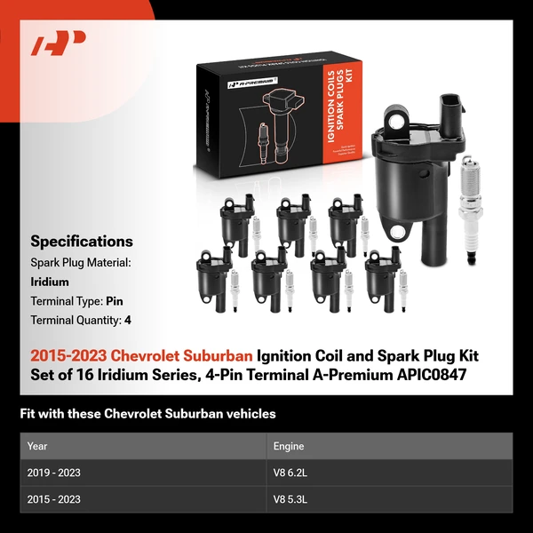 2015-2023 Chevrolet Suburban Ignition Coil and Spark Plug Kit Set of 16 Iridium Series, 4-Pin Terminal A-Premium APIC0847