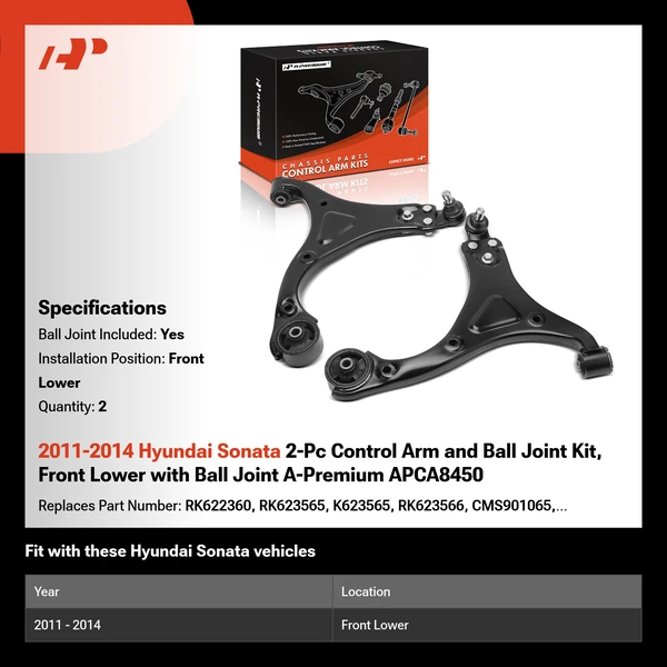 2011-2014 Hyundai Sonata 2-Pc Control Arm and Ball Joint Kit, Front Lower with Ball Joint A-Premium APCA8450