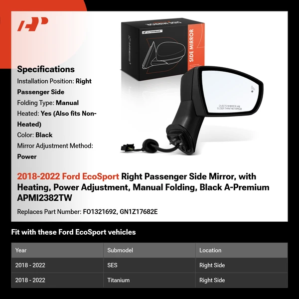 2018-2022 Ford EcoSport Right Passenger Side Mirror, with Heating, Power Adjustment, Manual Folding, Black A-Premium APMI2382TW