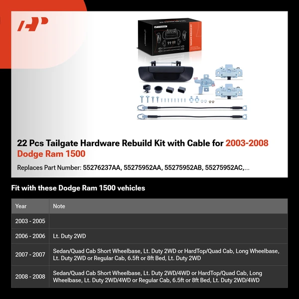 22 Pcs Tailgate Hardware Rebuild Kit with Cable for 2003-2008 Dodge Ram 1500