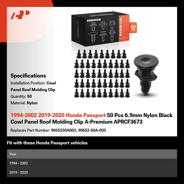 1994-2002 2019-2020 Honda Passport 50 Pcs 6.9mm Nylon Black Cowl Panel Roof Molding Clip A-Premium APRCF3673