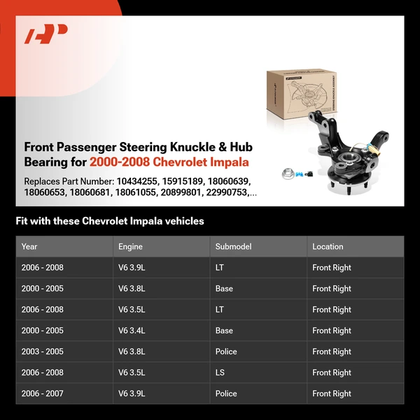 Front Passenger Steering Knuckle & Hub Bearing for 2000-2008 Chevrolet Impala