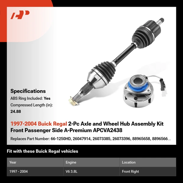 1997-2004 Buick Regal 2-Pc Axle and Wheel Hub Assembly Kit Front Passenger Side A-Premium APCVA2438