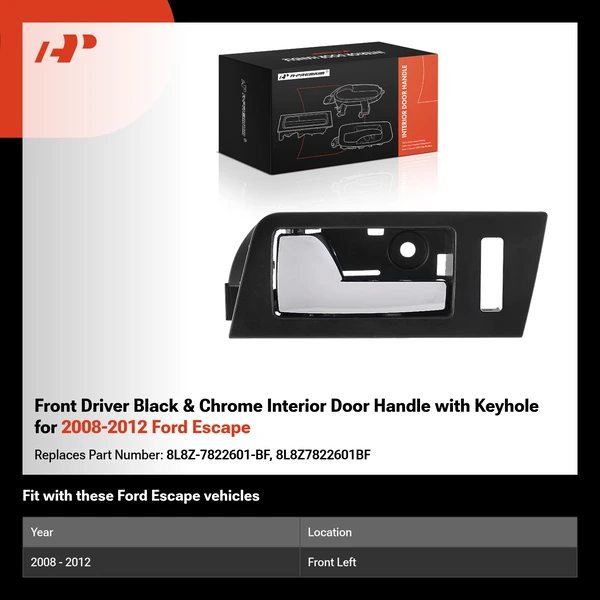 Front Driver Black & Chrome Interior Door Handle with Keyhole for 2008-2012 Ford Escape