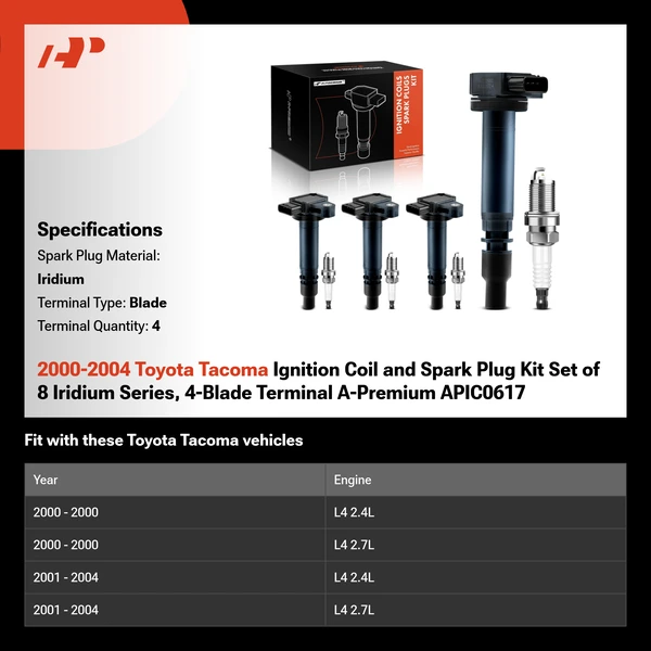 2000-2004 Toyota Tacoma Ignition Coil and Spark Plug Kit Set of 8 Iridium Series, 4-Blade Terminal A-Premium APIC0617
