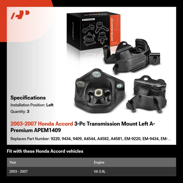 2003-2007 Honda Accord 3-Pc Transmission Mount Left A-Premium APEM1409
