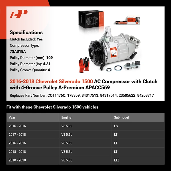 2016-2018 Chevrolet Silverado 1500 AC Compressor with Clutch with 4-Groove Pulley A-Premium APACC569