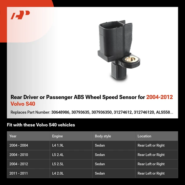 Rear Driver or Passenger ABS Wheel Speed Sensor for 2004-2012 Volvo S40
