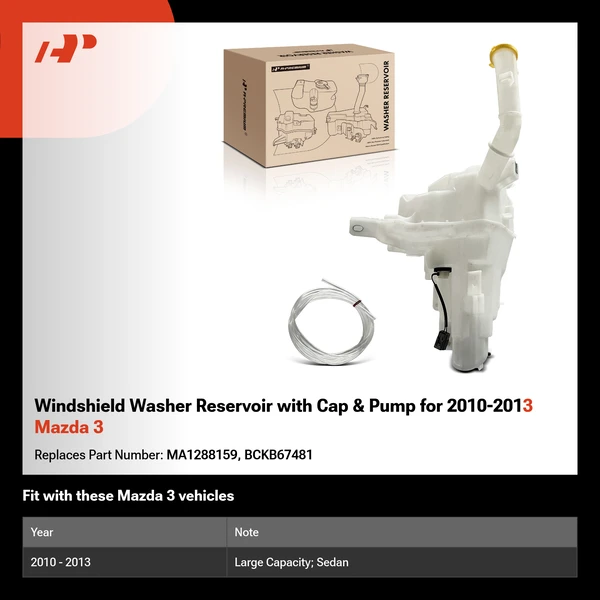 Windshield Washer Reservoir with Cap & Pump for 2010-2013 Mazda 3