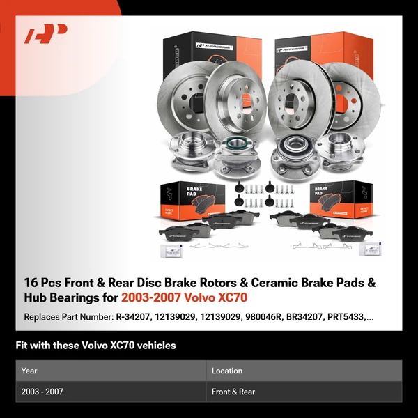 16 Pcs Front & Rear Disc Brake Rotors & Ceramic Brake Pads & Hub Bearings for 2003-2007 Volvo XC70