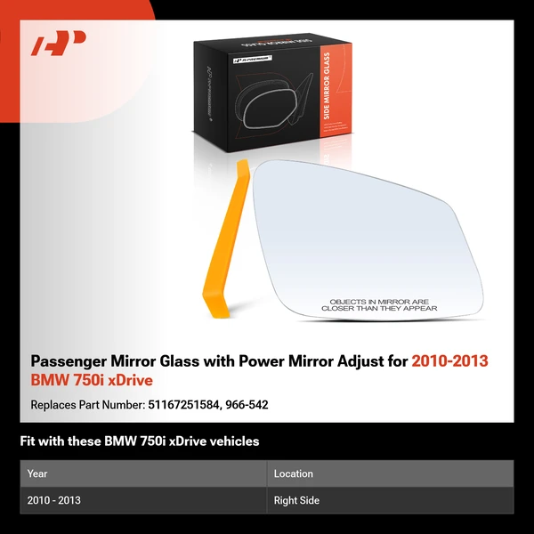 Passenger Mirror Glass with Power Mirror Adjust for 2010-2013 BMW 750i xDrive
