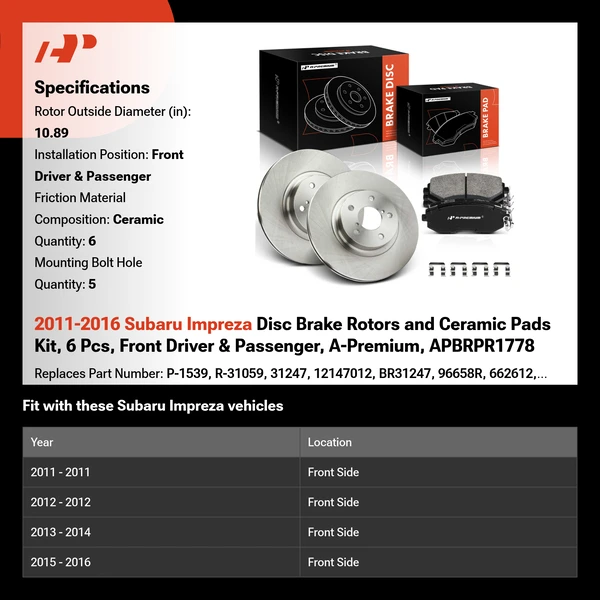 2011-2016 Subaru Impreza Disc Brake Rotors and Ceramic Pads Kit, 6 Pcs, Front Driver & Passenger, A-Premium, APBRPR1778