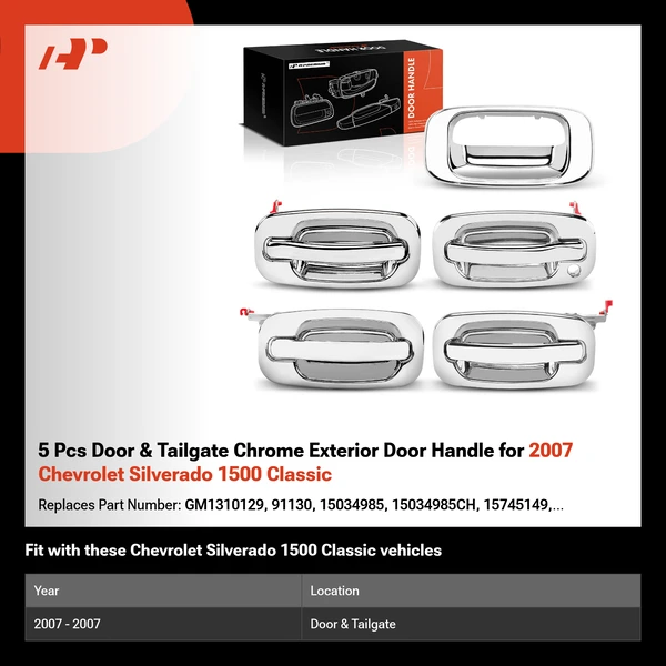 5 Pcs Door & Tailgate Chrome Exterior Door Handle for 2007 Chevrolet Silverado 1500 Classic
