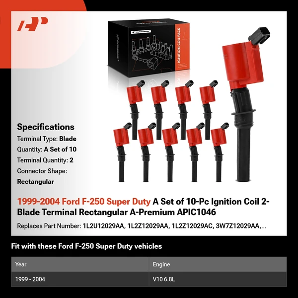 1999-2004 Ford F-250 Super Duty A Set of 10-Pc Ignition Coil 2-Blade Terminal Rectangular A-Premium APIC1046