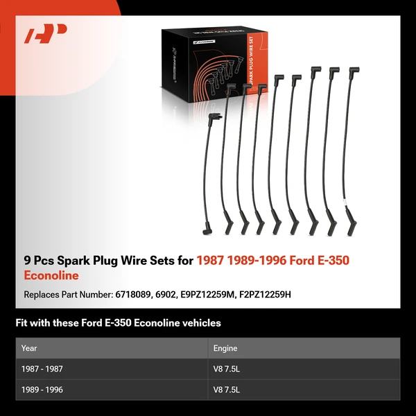 9 Pcs Spark Plug Wire Sets for 1987 1989-1996 Ford E-350 Econoline