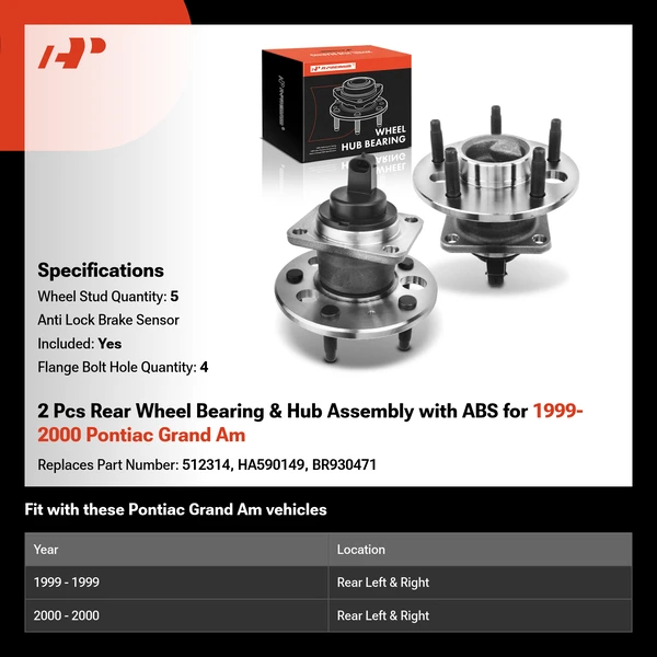 2 Pcs Rear Wheel Bearing & Hub Assembly with ABS for 1999-2000 Pontiac Grand Am