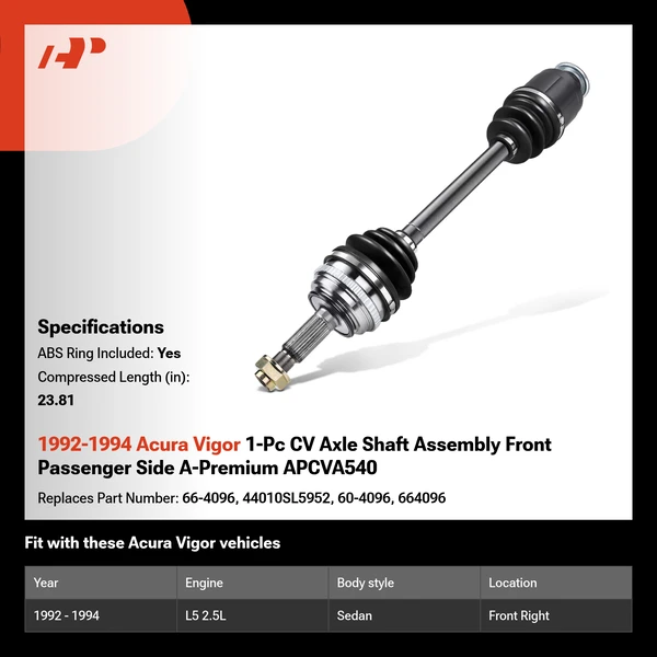 1992-1994 Acura Vigor 1-Pc CV Axle Shaft Assembly Front Passenger Side A-Premium APCVA540