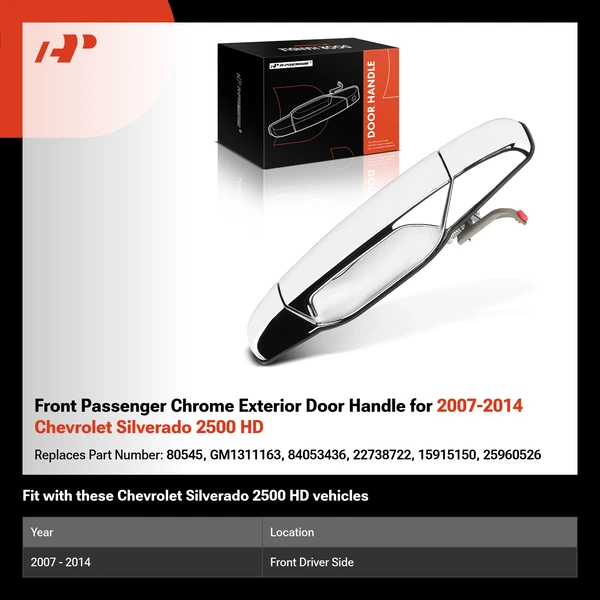 Front Passenger Chrome Exterior Door Handle for 2007-2014 Chevrolet Silverado 2500 HD