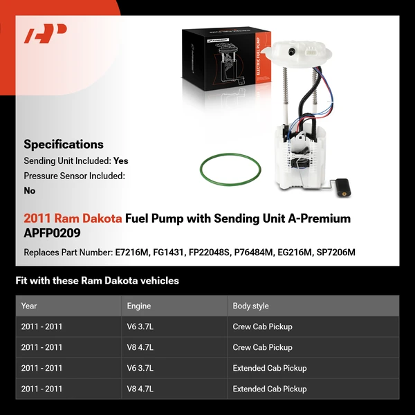 2011 Ram Dakota Fuel Pump with Sending Unit A-Premium APFP0209