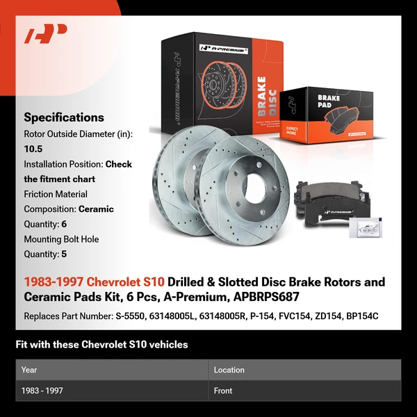 1983-1997 Chevrolet S10 Drilled & Slotted Disc Brake Rotors and Ceramic Pads Kit, 6 Pcs, A-Premium, APBRPS687