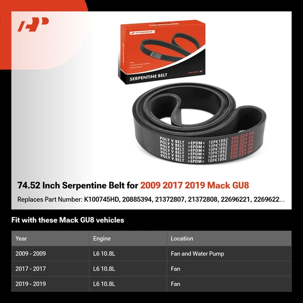 74.52 Inch Serpentine Belt for 2009 2017 2019 Mack GU8