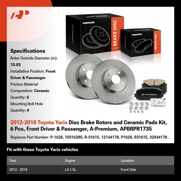 2012-2018 Toyota Yaris Disc Brake Rotors and Ceramic Pads Kit, 6 Pcs, Front Driver & Passenger, A-Premium, APBRPR1735