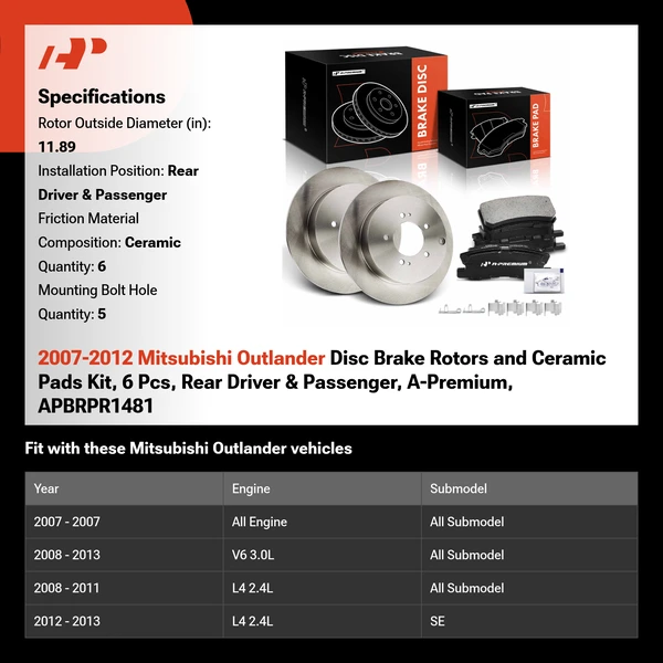 2007-2012 Mitsubishi Outlander Disc Brake Rotors and Ceramic Pads Kit, 6 Pcs, Rear Driver & Passenger, A-Premium, APBRPR1481