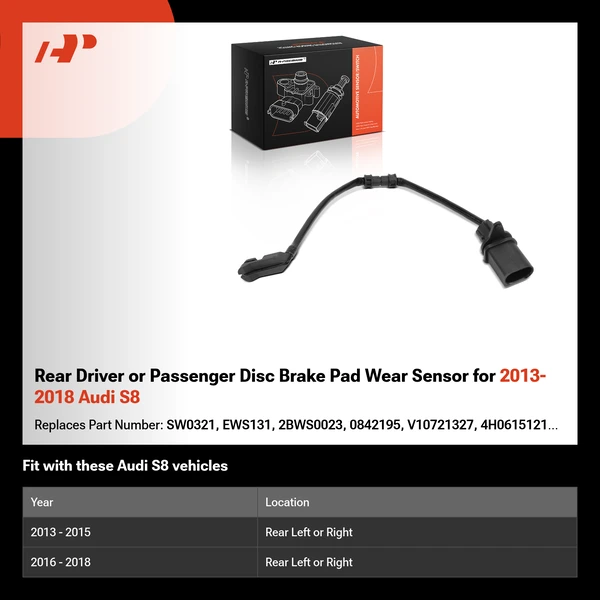 Rear Driver or Passenger Disc Brake Pad Wear Sensor for 2013-2018 Audi S8
