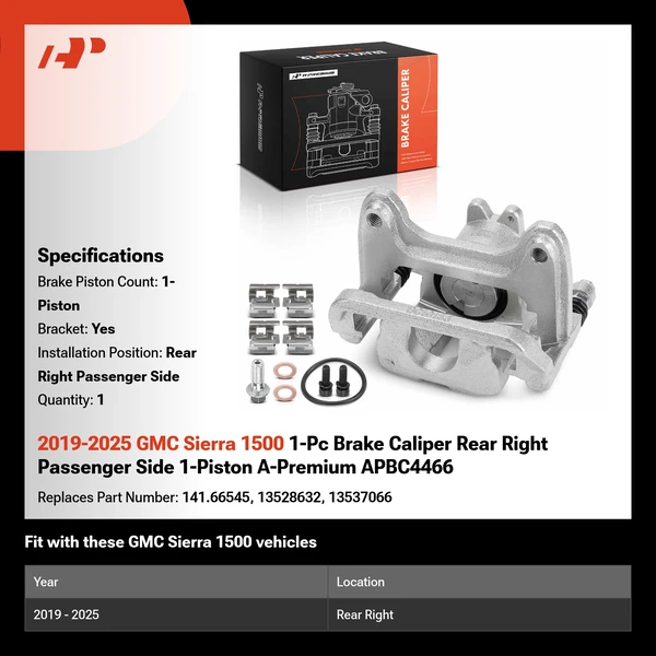 2019-2025 GMC Sierra 1500 1-Pc Brake Caliper Rear Right Passenger Side 1-Piston A-Premium APBC4466