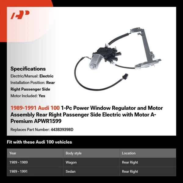 1989-1991 Audi 100 1-Pc Power Window Regulator and Motor Assembly Rear Right Passenger Side Electric with Motor A-Premium APWR1599